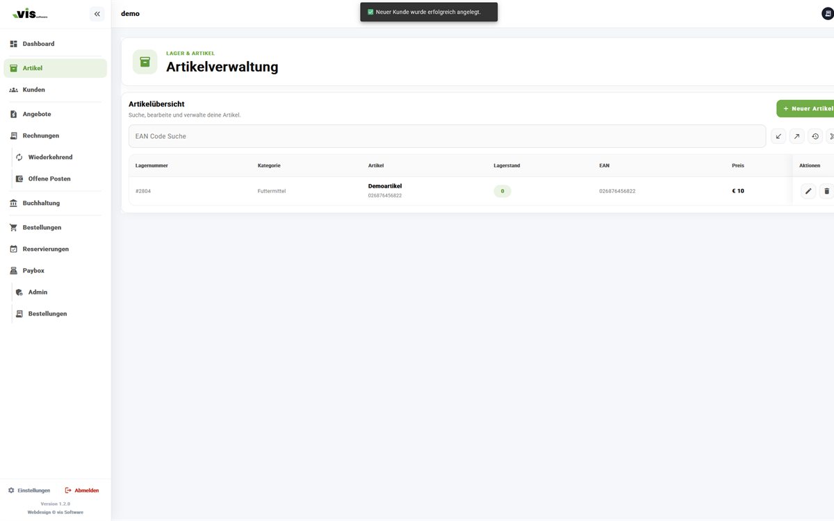 Artikelverwaltung mit Lagerstand und EAN-Suche im VIS-Portal